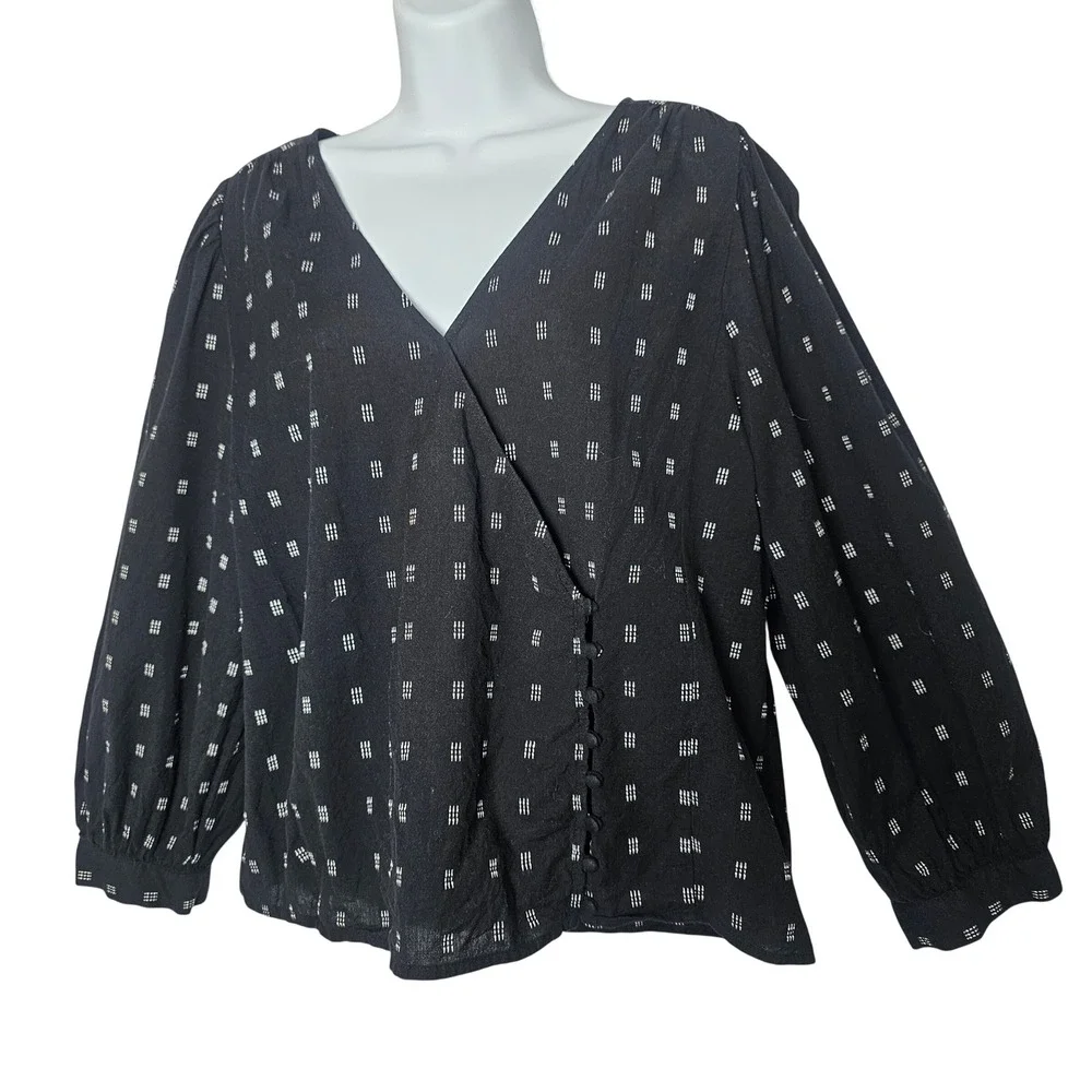 Madewell Kinston Side Button Wrap Top XL Black Textured Dobby Boho